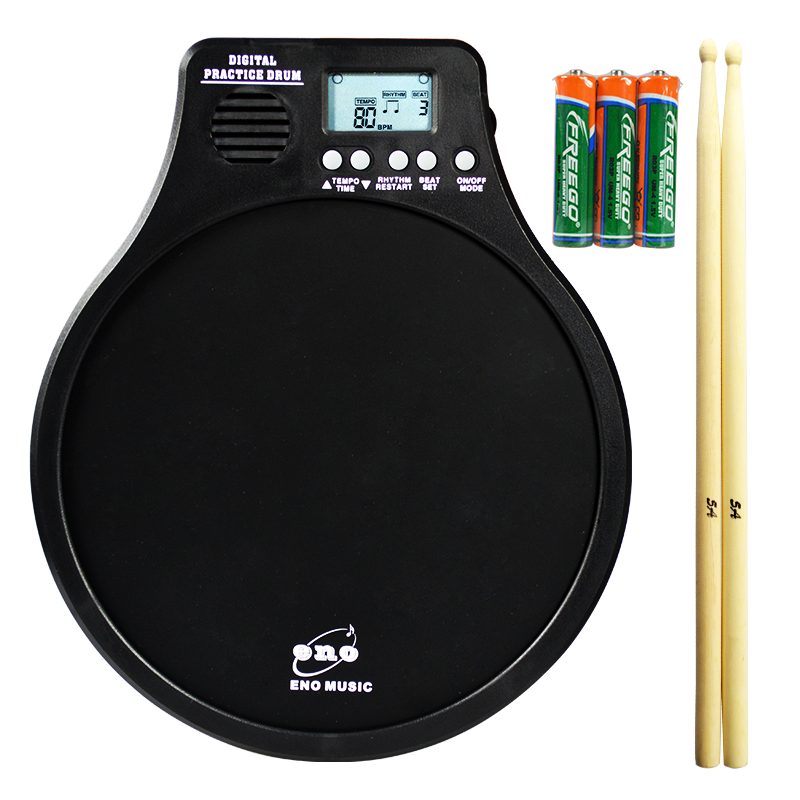 enoENO伊諾10寸電子節拍器啞鼓墊套裝 家用架子鼓練習器入門打擊板 【基礎】黑色啞鼓+送鼓棒電池