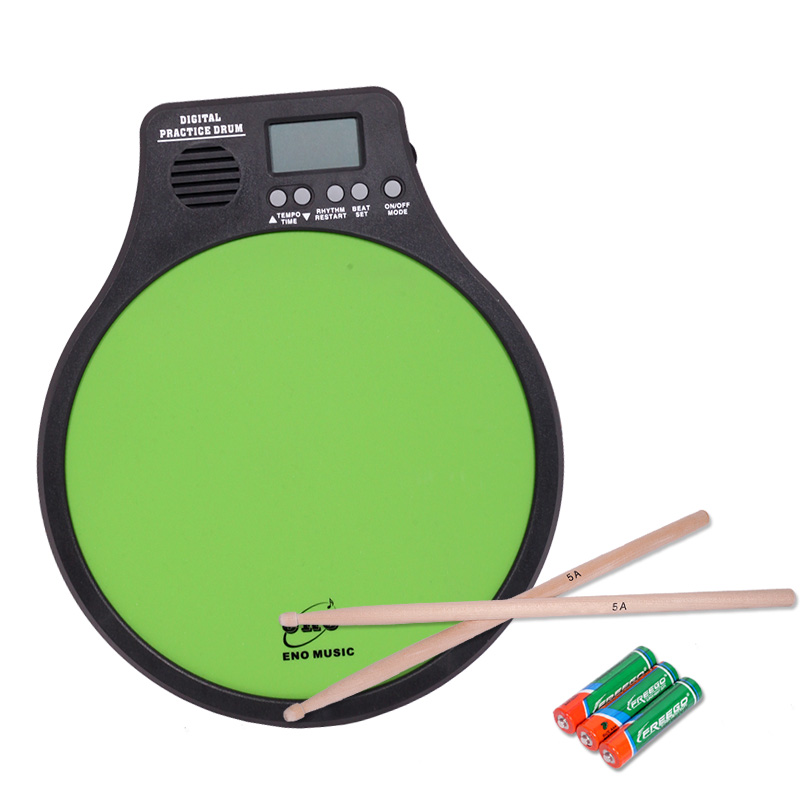 >ENO伊諾12寸啞鼓墊套裝架子鼓練習打擊板初學入門節拍器電子啞鼓靜音 帶鼓棒 （綠色）+鼓棒+電池
